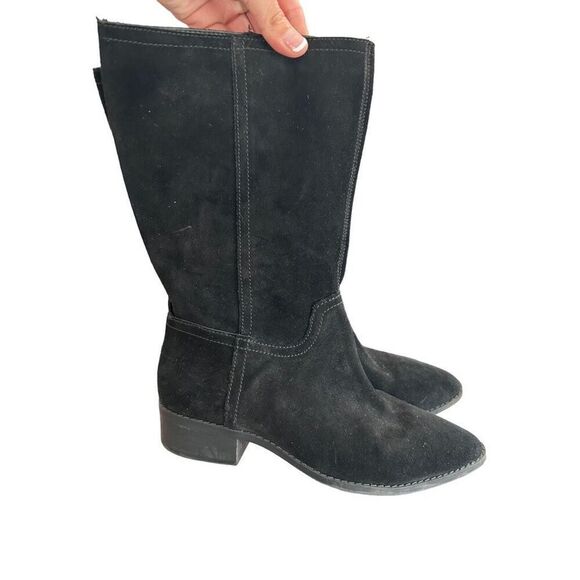 Lucky Brand LEFARA Mid-Calf Black Suede Leather Chunky Heel Boots Size 7M - Picture 1 of 14